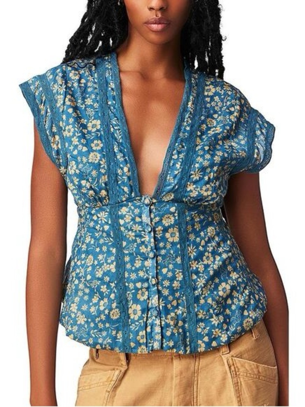 Free People Blue Floral Deep V Button-Front Blouse